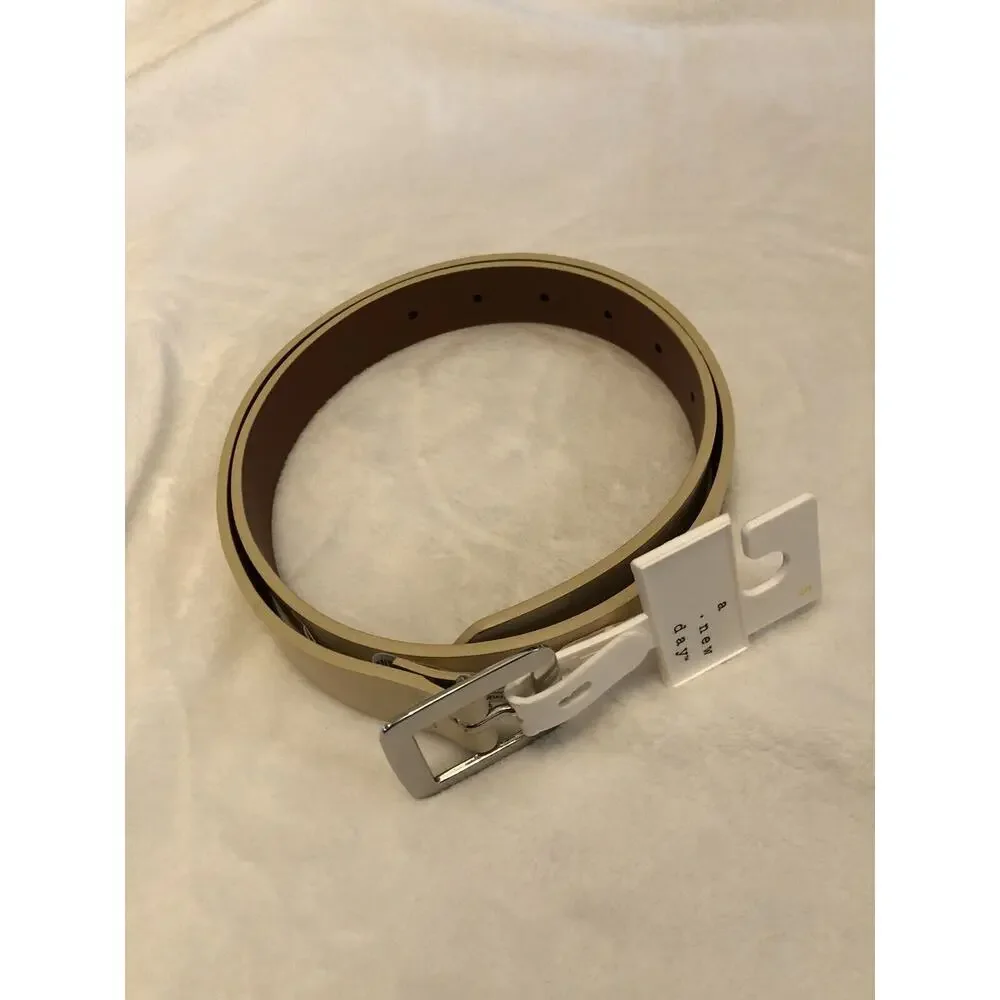 A New Day Womens Belt Small Pale Yellow Leather‎ Chunky Center Bar Buckle NEW